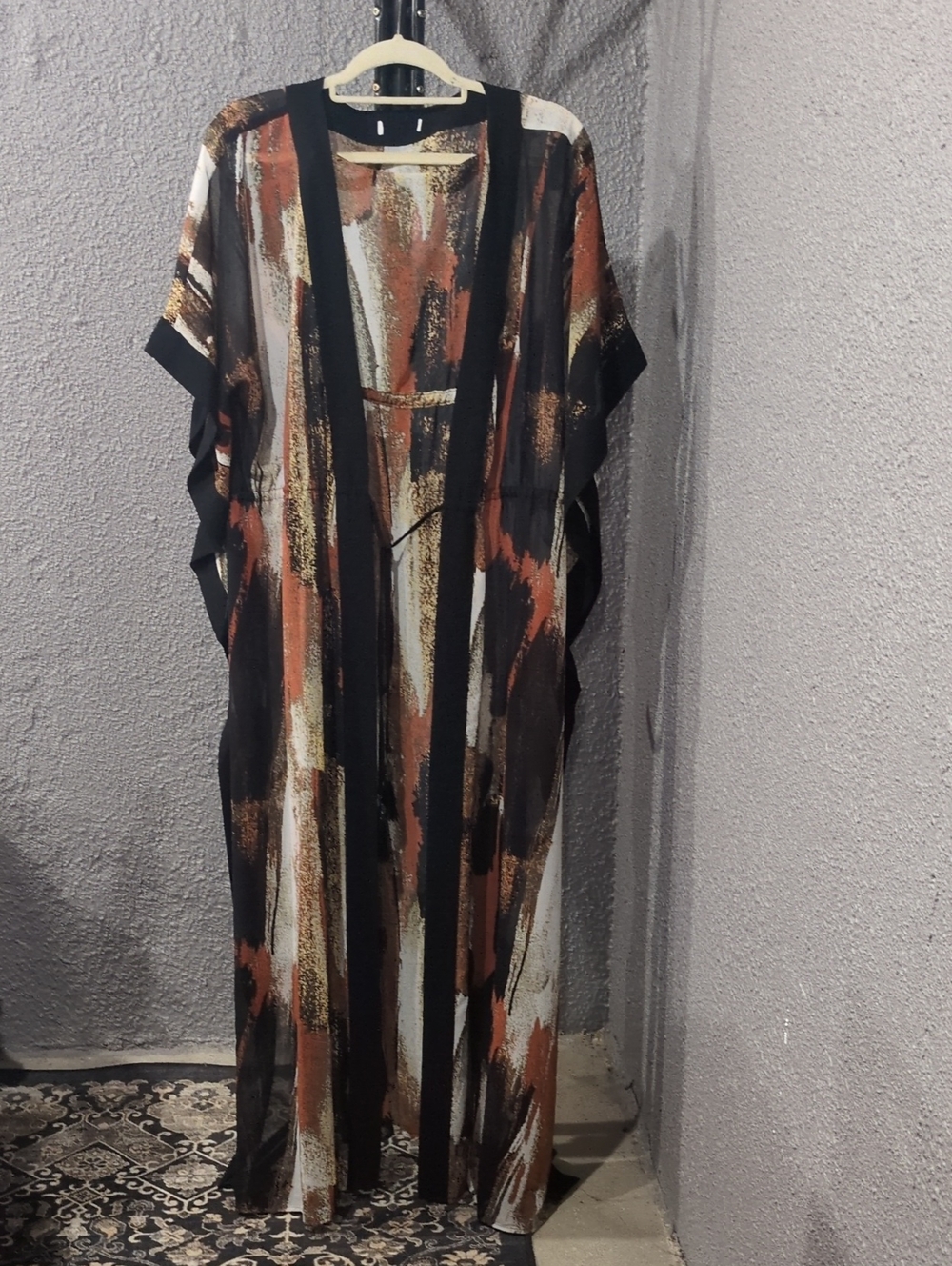 Elegant Abstract Print Sheer Kimono - Black, Brown & Cream